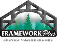 A logo for framework plus, a custom timberframe company.