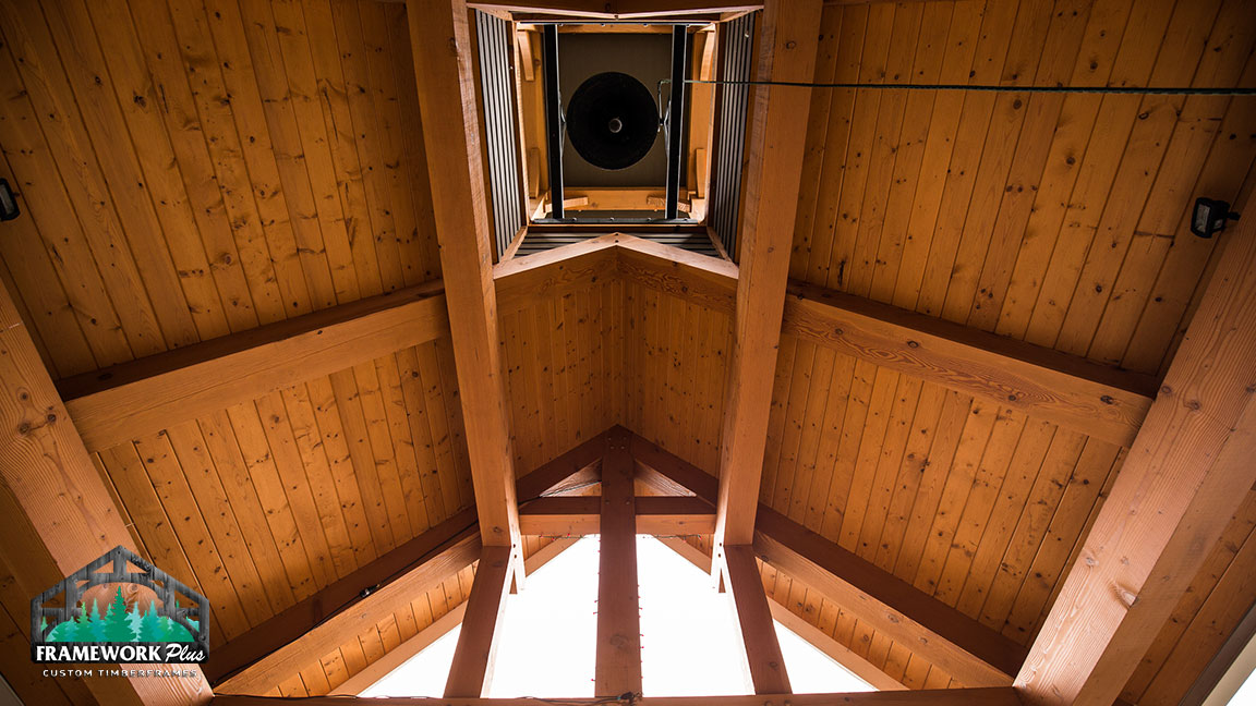 A view of the inside of a wooden building.