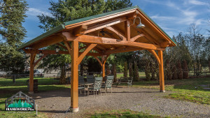 A wooden structure with chairs under it