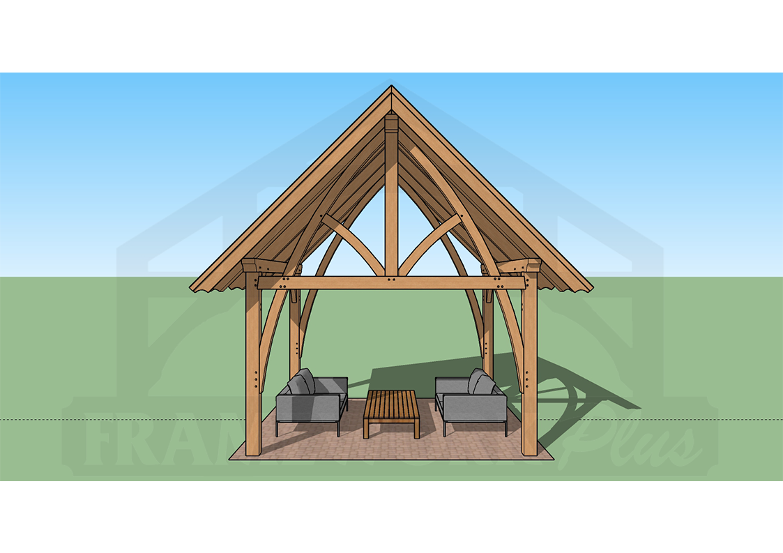 A wooden structure with two couches and a table.