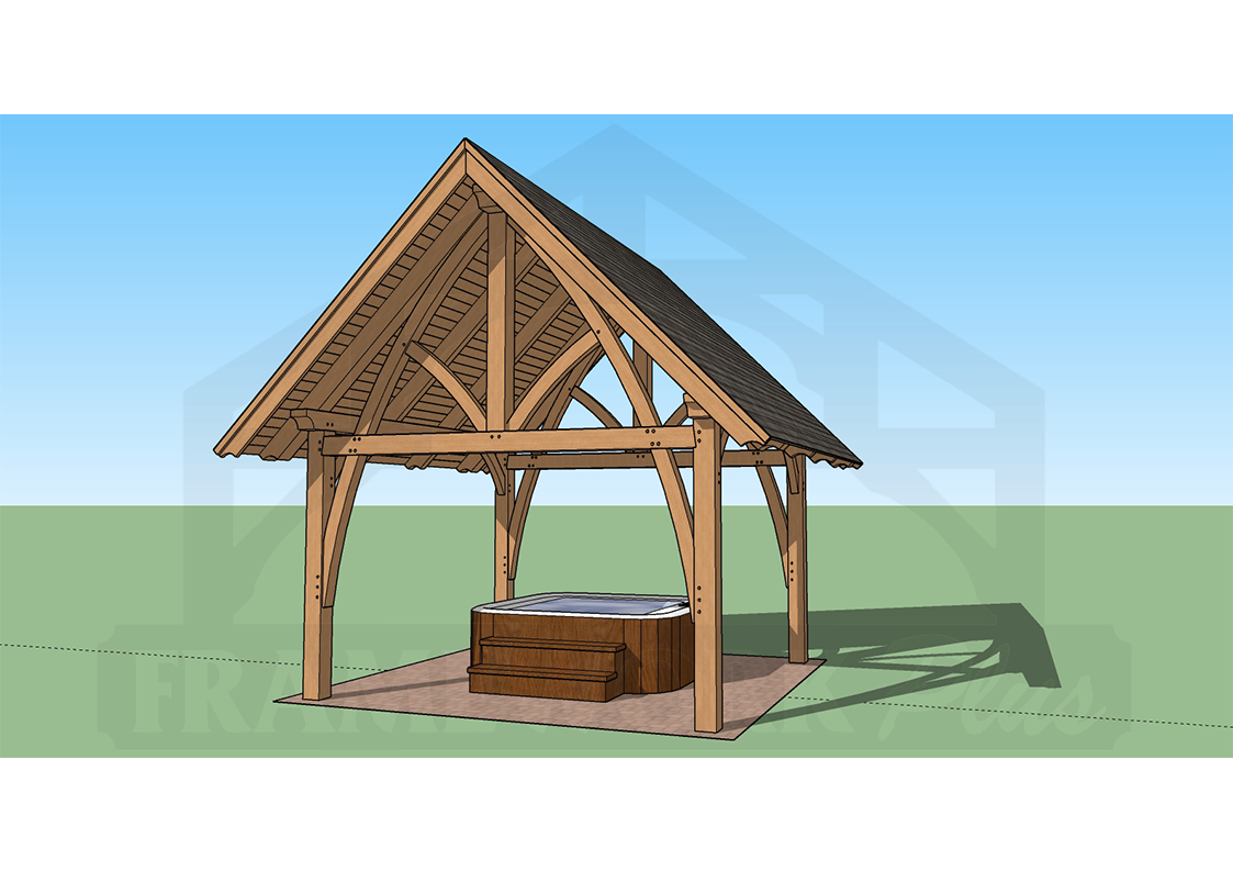 A wooden structure with a hot tub in the middle.