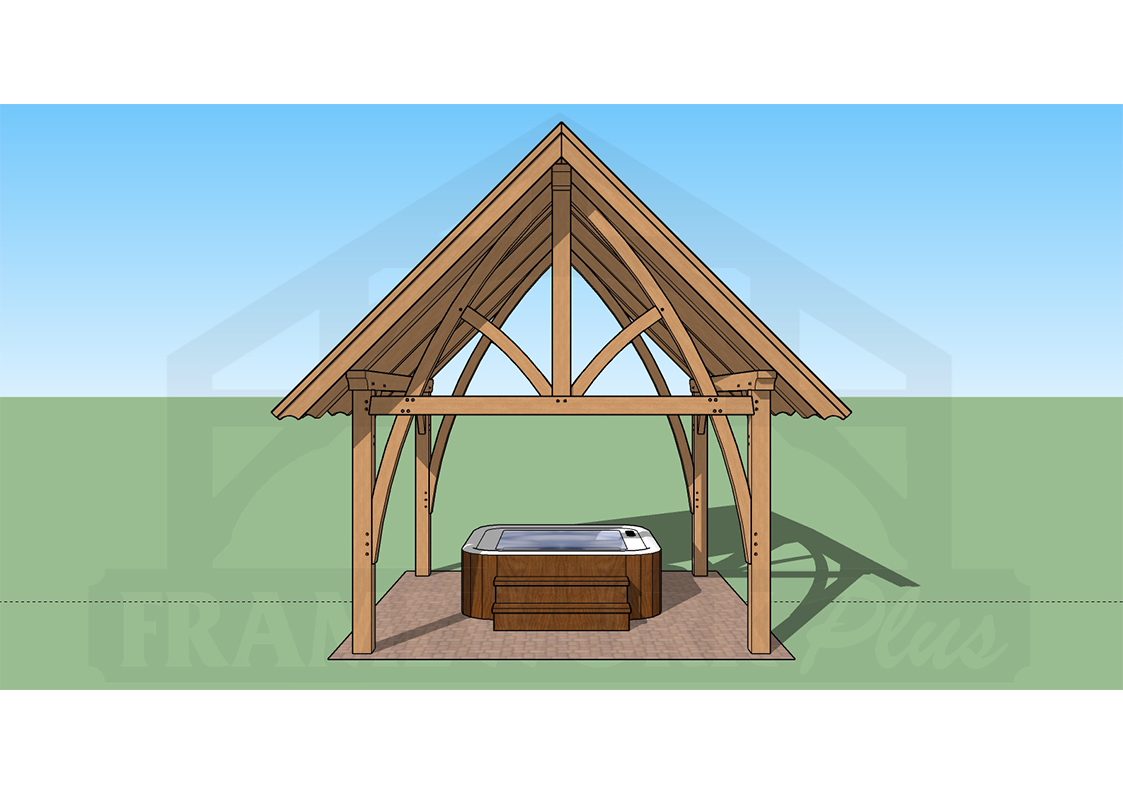 A wooden structure with a hot tub in it.