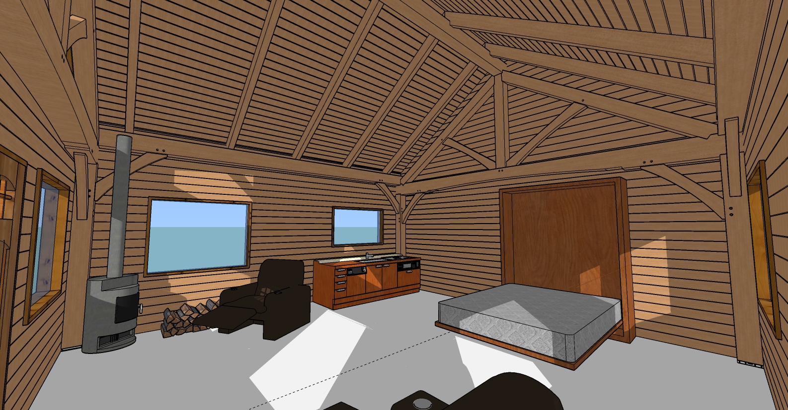 A computer generated image of a bedroom with a tv and bed.