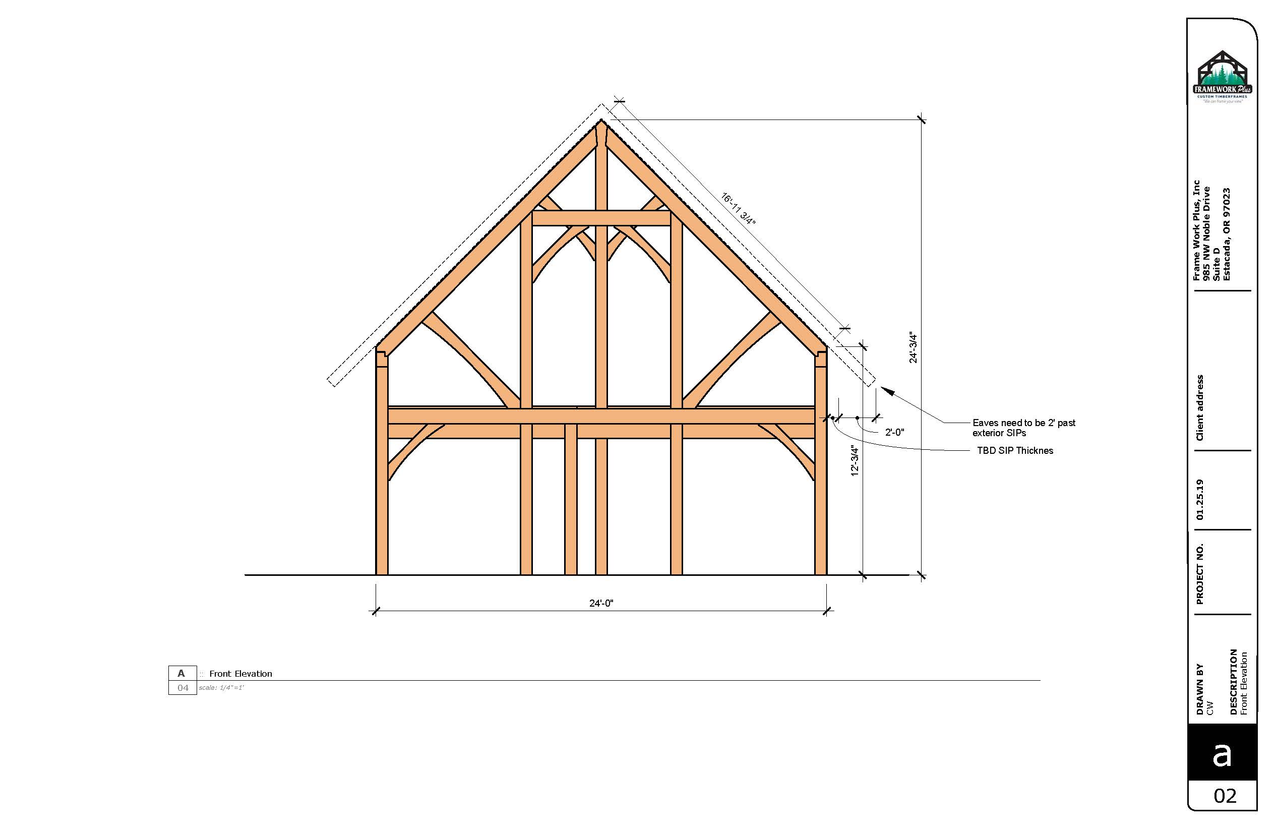 A drawing of the front side of an oak frame house.